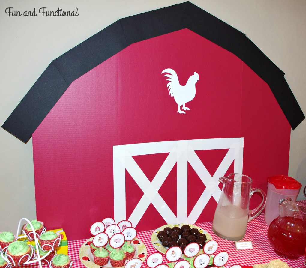 Cardboard Barn, Birthday Party, Farm Theme, DIY, First Birthday, Rooster, Barn Door