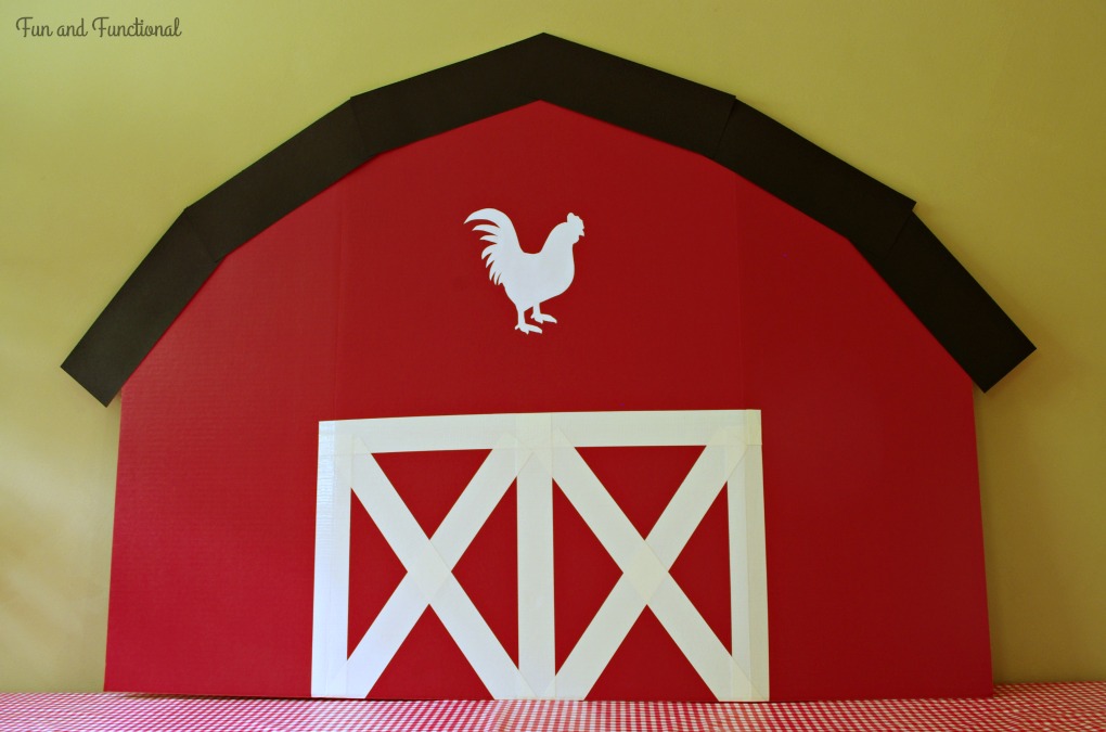 Cardboard Barn, Birthday Party, Farm Theme, DIY, First Birthday, Rooster, Barn Door