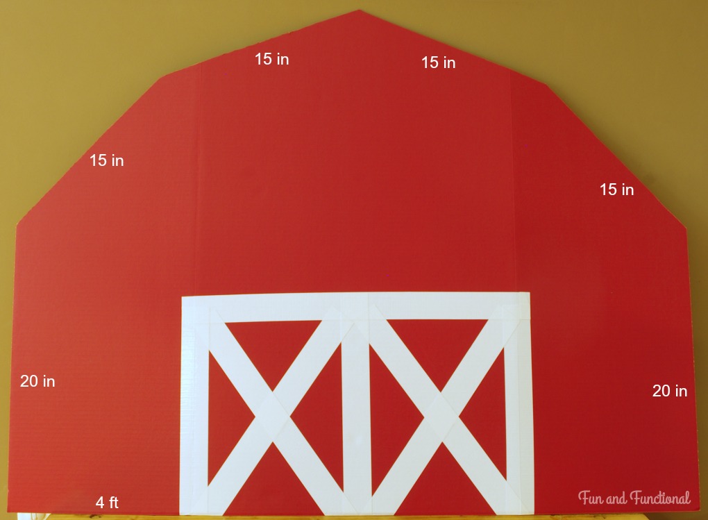 Cardboard Barn, Birthday Party, Farm Theme, DIY, First Birthday, Rooster, Barn Door