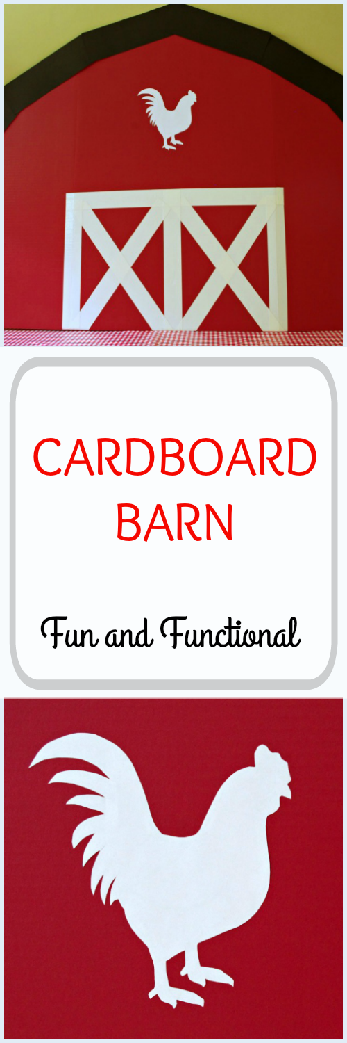 Cardboard Barn, Birthday Party, Farm Theme, DIY, First Birthday, Rooster, Barn Door