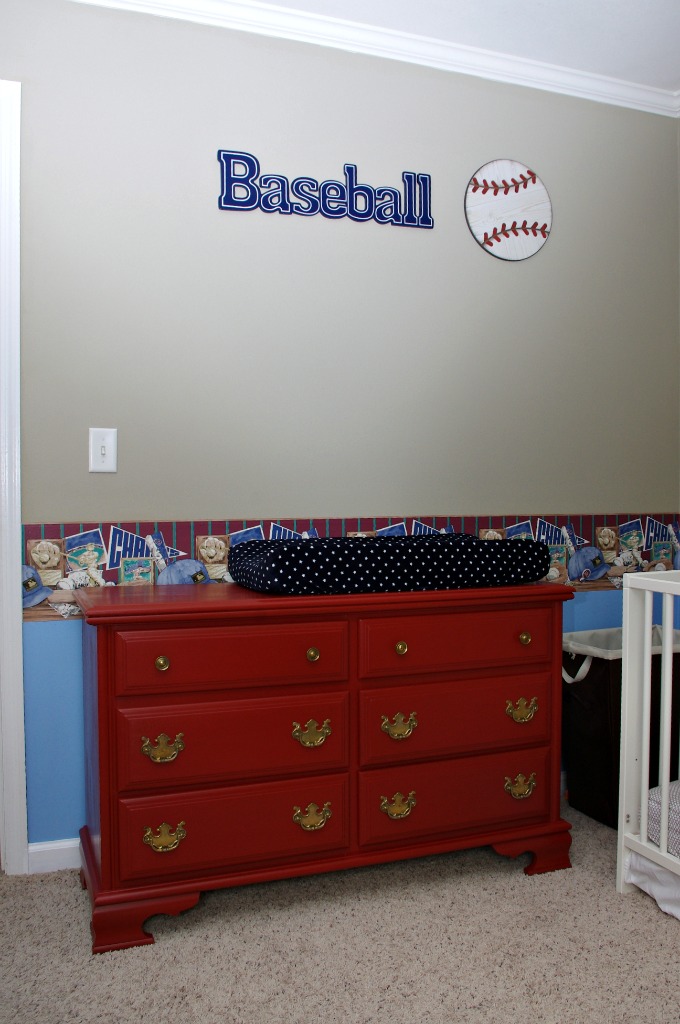 Baseball, Nursery, Painted Dresser, Milk Paint, Hobby Lobby, IKEA Crib, DIY Mobile, Gulliver Crib, Glider Chair, Baseball Wallpaper Border, Boy Nursery, Baby Boy