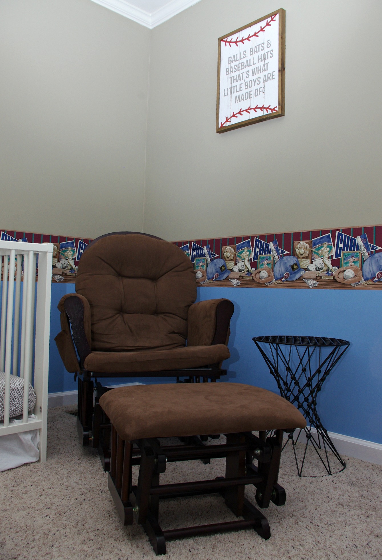 Baseball, Nursery, Painted Dresser, Milk Paint, Hobby Lobby, IKEA Crib, DIY Mobile, Gulliver Crib, Glider Chair, Baseball Wallpaper Border, Boy Nursery, Baby Boy