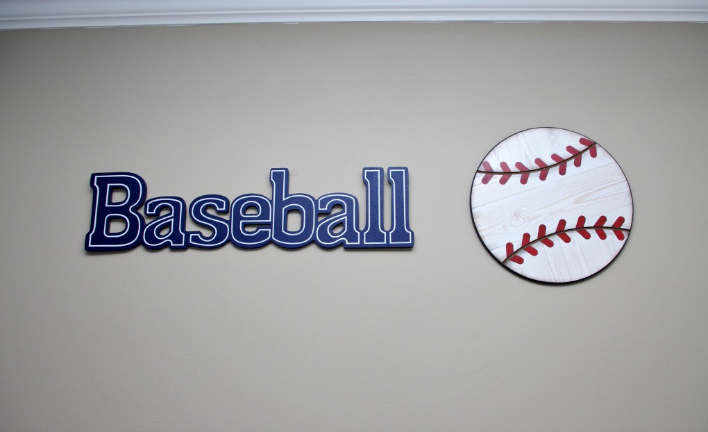 Baseball, Nursery, Painted Dresser, Milk Paint, Hobby Lobby, IKEA Crib, DIY Mobile, Gulliver Crib, Glider Chair, Baseball Wallpaper Border, Boy Nursery, Baby Boy
