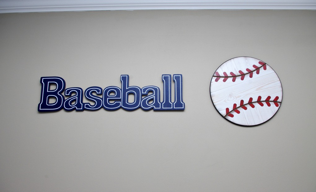 Baseball, Nursery, Painted Dresser, Milk Paint, Hobby Lobby, IKEA Crib, DIY Mobile, Gulliver Crib, Glider Chair, Baseball Wallpaper Border, Boy Nursery, Baby Boy