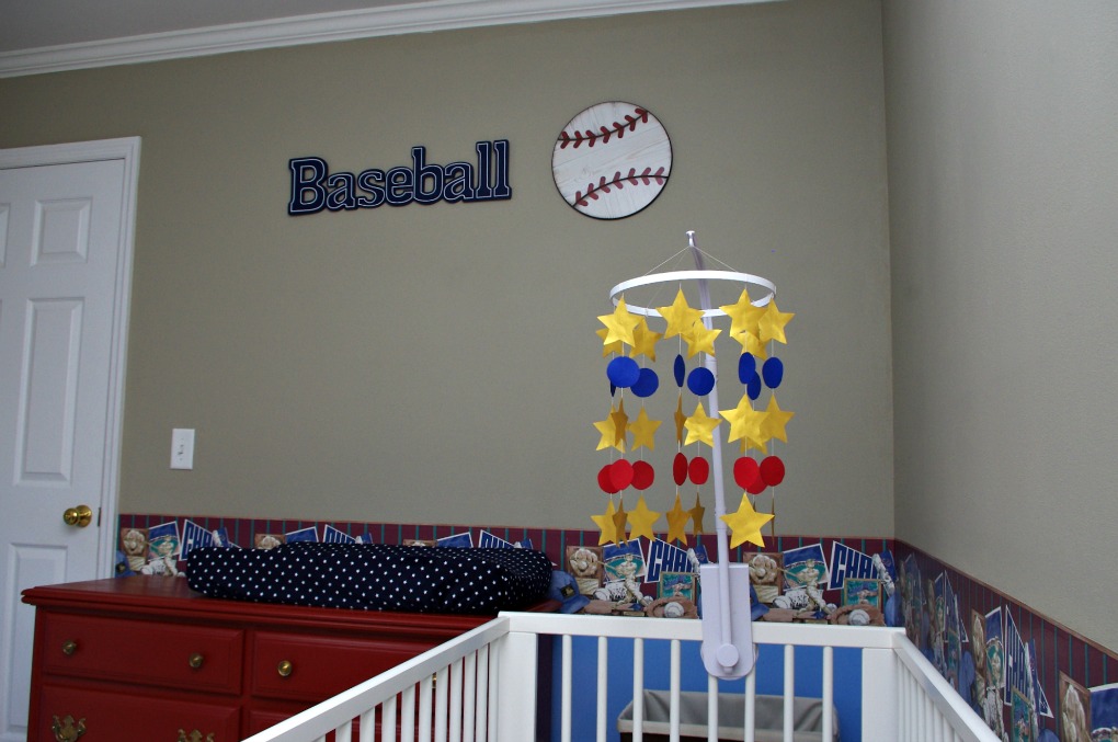 Baseball, Nursery, Painted Dresser, Milk Paint, Hobby Lobby, IKEA Crib, DIY Mobile, Gulliver Crib, Glider Chair, Baseball Wallpaper Border, Boy Nursery, Baby Boy