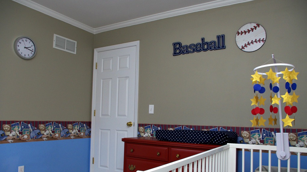 Baseball, Nursery, Painted Dresser, Milk Paint, Hobby Lobby, IKEA Crib, DIY Mobile, Gulliver Crib, Glider Chair, Baseball Wallpaper Border, Boy Nursery, Baby Boy