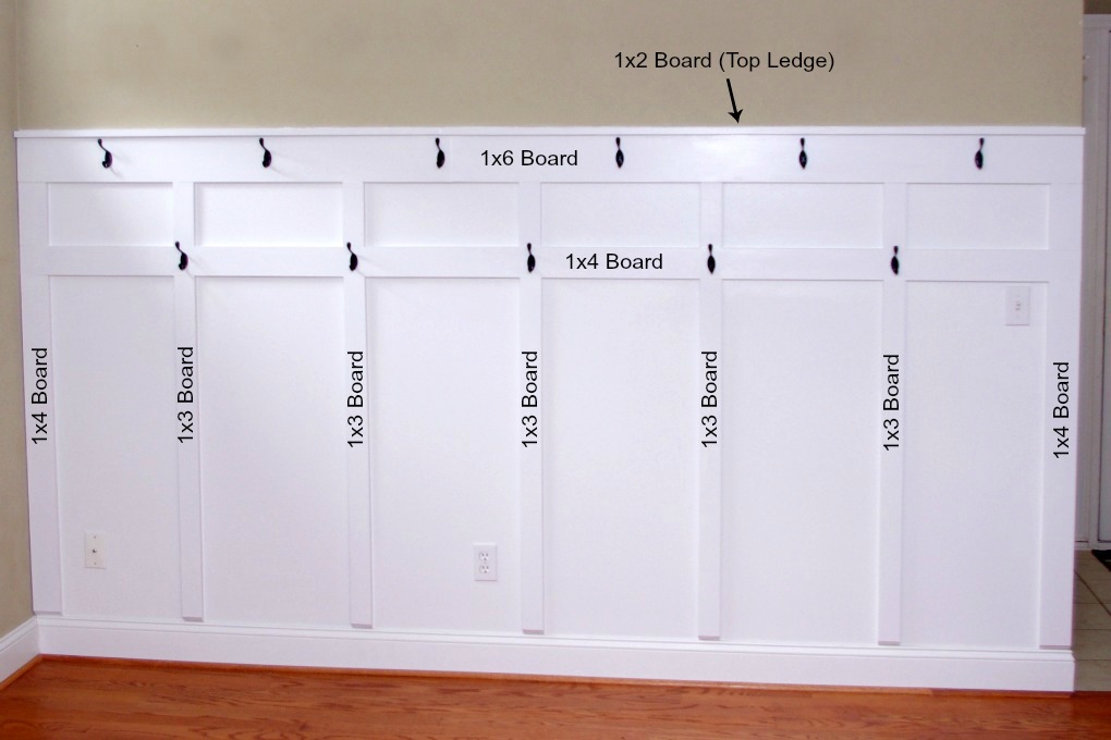 We added a board and batten treatment to the entryway wall in our house. With 11 hooks, it adds a lot more storage area for us! | #boardandbatten #entryway #organization #organizing #wall #funandfunctionalblog